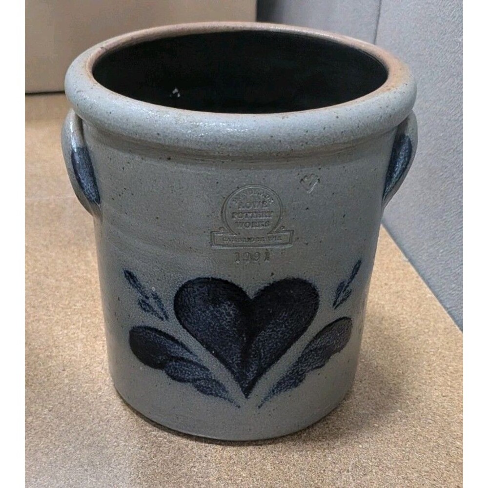 1991 Rowe Pottery Works 6.5" Salt Glaze Stoneware Heart Crock